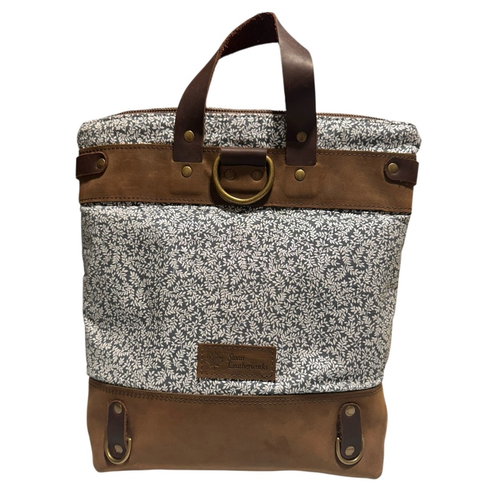 SLOAN LEATHERWORKS Floral Canvas Leather Tote Cottagecore Heritage Bag